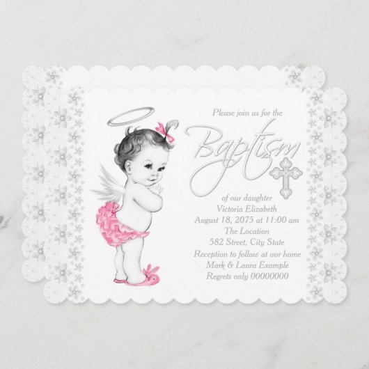 Invitation Baptême rose ange bébé fille (Devant / Derrière)