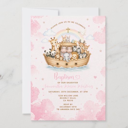 Invitation Baptême Rose Arche de Noé Nuage (Devant)