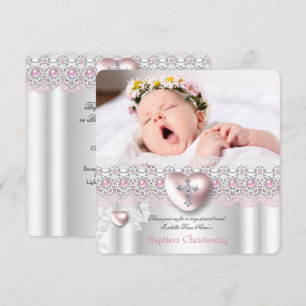 Invitation Baptême Rose Argent Photo Cœur Croix Fille Perle