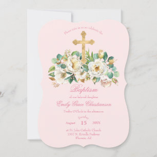 Invitation Baptême rose avec fleurs blanches et Croix d'or