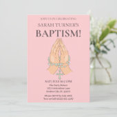 Invitation Baptême rose avec perles de prière (Debout devant)