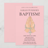 Invitation Baptême rose avec perles de prière (Devant / Derrière)
