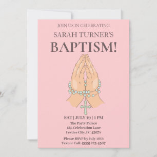 Invitation Baptême rose avec perles de prière