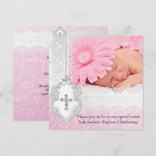 Invitation Baptême Rose Blanc Dentelle Photo Bijou Croix Fill