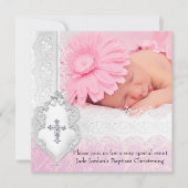 Invitation Baptême rose blanc dentelle photo Bijou Croix fill (Devant)
