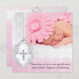 Invitation Baptême rose blanc dentelle photo Bijou Croix fill