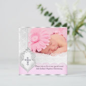 Invitation Baptême rose blanc dentelle photo Bijou Croix Fill (Debout devant)