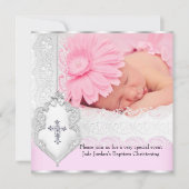 Invitation Baptême rose blanc dentelle photo Bijou Croix Fill (Devant)