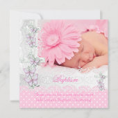 Invitation Baptême rose blanche dentelle photo papillon Croix (Devant)