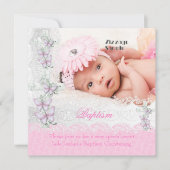Invitation Baptême rose blanche dentelle photo papillon Croix (Devant)