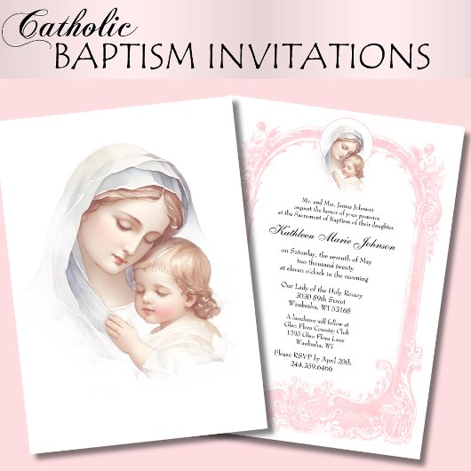 Invitation Baptême rose catholique Christening Mary Jesus