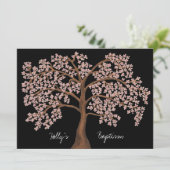 Invitation Baptême rose cerisier fleuri Arbre peinture (Debout devant)