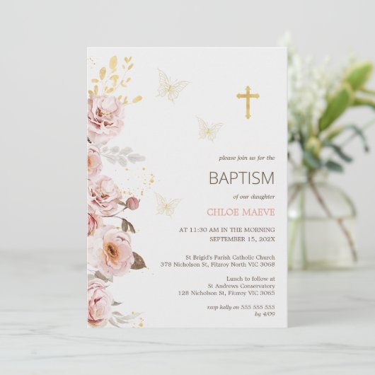 Invitation Baptême rose Chic Floral (Debout devant)