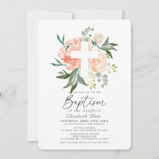 Invitation Baptême Rose Croix Blanche (Devant)