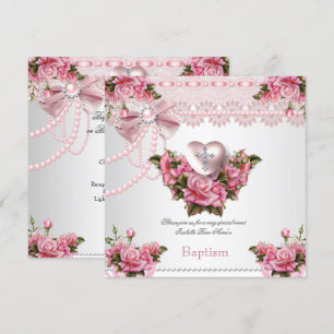 Invitation Baptême Rose Croix de cœur en argent Fille 5