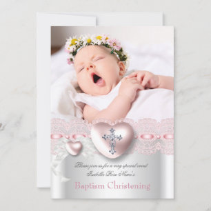 Invitation Baptême Rose Croix de Photo en Cœur Fille Argent
