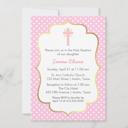 Invitation Baptême rose de point de polka avec la frontière (Devant)