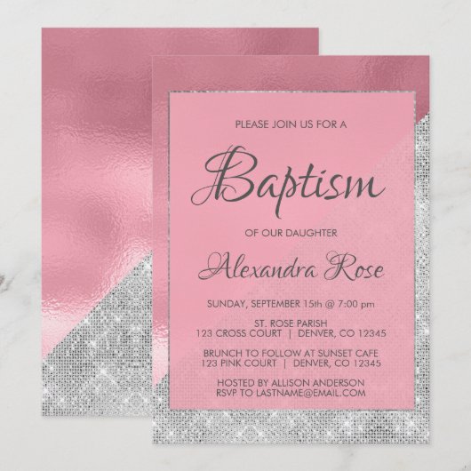 Invitation Baptême rose d'or et d'argent étincelant bébé fill (Devant / Derrière)