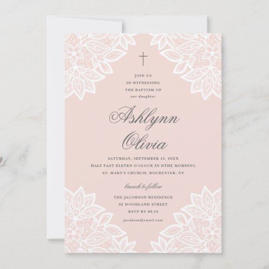 Invitation Baptême Rose en Dentelle (Devant)