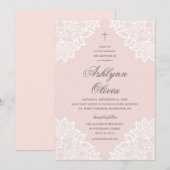 Invitation Baptême Rose en Dentelle (Devant / Derrière)