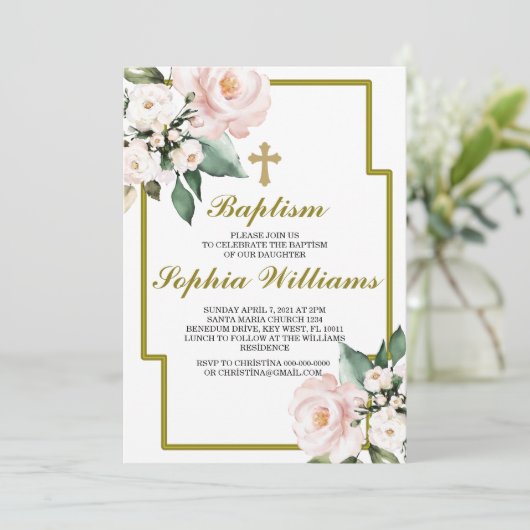 Invitation Baptême rose et blanc (Debout devant)