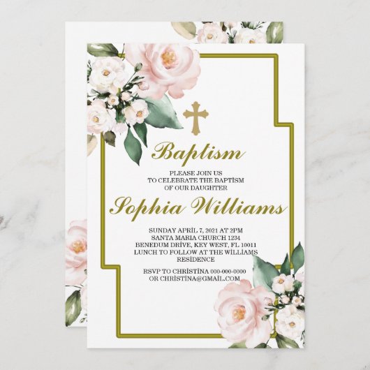 Invitation Baptême rose et blanc (Devant / Derrière)