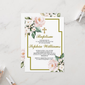 Invitation Baptême rose et blanc