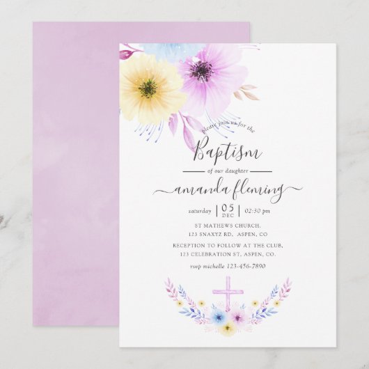 Invitation Baptême rose et bleu floral Pastel (Devant / Derrière)