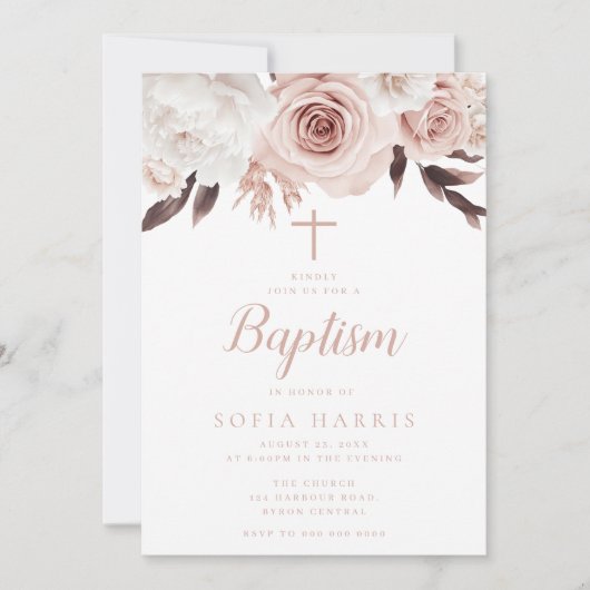 Invitation Baptême Rose et fleurs blanches (Devant)