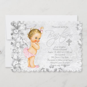 Invitation Baptême Rose et Gris Ange Vintage