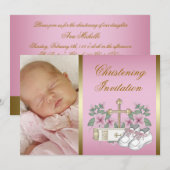 Invitation Baptême Rose et Or (Devant / Derrière)