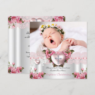 Invitation Baptême Rose Fille Croix Coeur Argent Photo 2