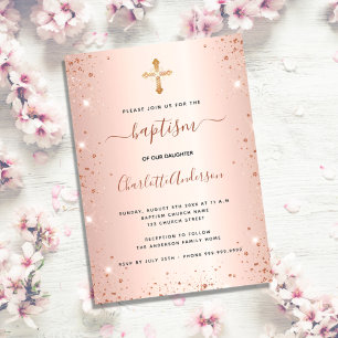Invitation Baptême rose fille rose or