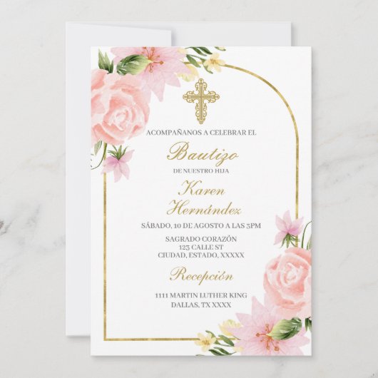 Invitation Baptême rose Fleur Espagnol (Devant)