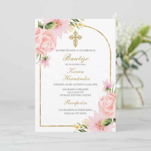 Invitation Baptême rose Fleur Espagnol (Debout devant)