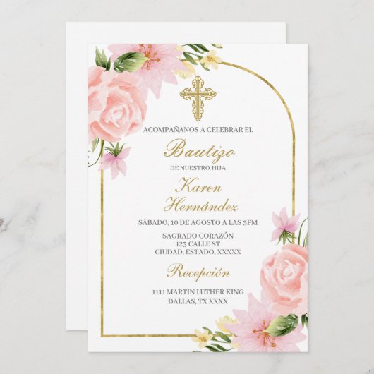 Invitation Baptême rose Fleur Espagnol (Devant / Derrière)