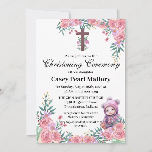 Invitation Baptême rose Floral (Devant)