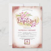 Invitation Baptême rose floral élégant de filles (Devant)