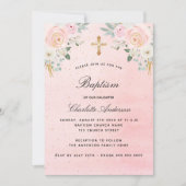 Invitation Baptême rose floral fille élégante (Devant)