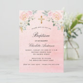 Invitation Baptême rose floral fille élégante (Debout devant)
