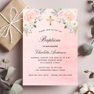 Invitation Baptême rose floral fille élégante