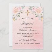 Invitation Baptême rose floral fille élégante luxe (Devant)