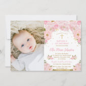 Invitation Baptême rose florale 1er anniversaire de fête Phot (Devant)