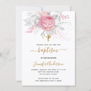 Invitation Baptême rose florales fille élégant blanc