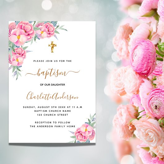 Invitation Baptême rose floraux rose or fille élégante
