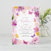 Invitation Baptême rose Fuchsia brillant Christening Floral (Debout devant)