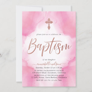 Invitation Baptême rose Gold Et Rose Watercolor Girl