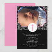 Invitation Baptême rose/gris/noir Dédicace bébé 5x7 photo (Devant / Derrière)