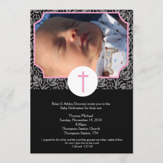 Invitation Baptême rose/gris/noir Dédicace bébé 5x7 photo