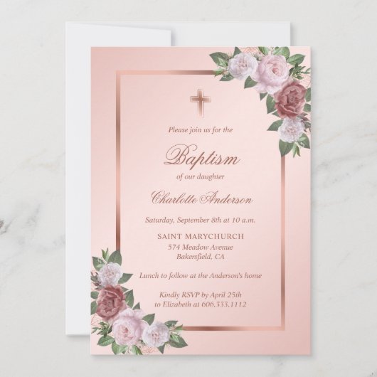 Invitation Baptême rose Or Blush rose Floral Girl (Devant)